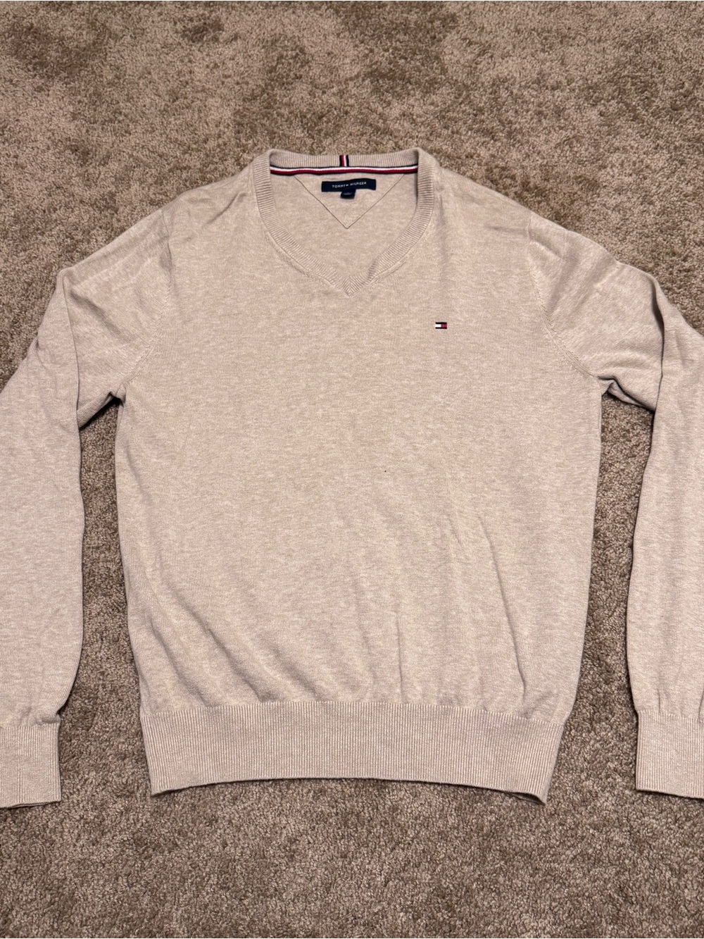 Tommy Hilfiger Sweater Mens Medium Biege Pullover Long Sleeve V Neck Logo